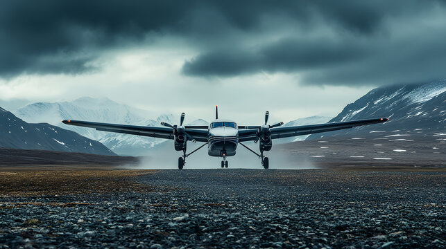 A rugged twin-engine plane landing on a gravel runway in a remote Arctic landscape.