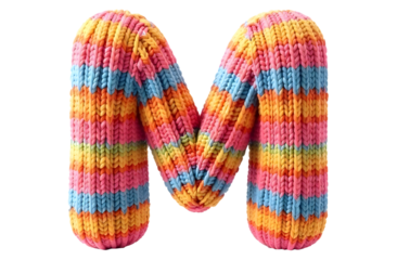 Colorful knitted letter M shaped decoration in a playful design