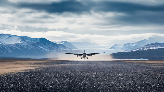 A rugged twin-engine plane landing on a gravel runway in a remote Arctic landscape.