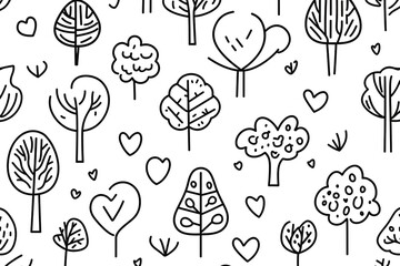 A black and white drawing of trees and hearts