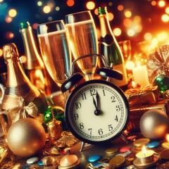 New Year Celebration - Champagne And Clock For Countdown - Toast Cheering With Abstract Defocused Background
