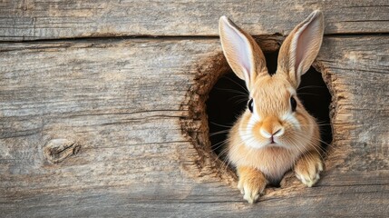 Obraz premium A cute rabbit peeking out of a round hole in a wooden structure.