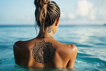 Elegant woman with geometric tattoos on her back, swimming in clear blue ocean water, gentle waves, bright midday, close-up, tropical beach scene 1