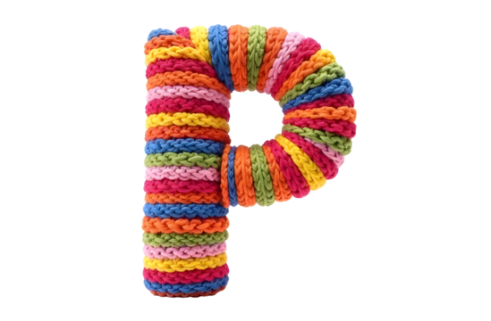Colorful knitted letter P displayed creatively in vibrant shades and patterns
