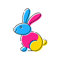 Obraz premium Colorful cartoon rabbit icon in blue, pink, and yellow on a white background