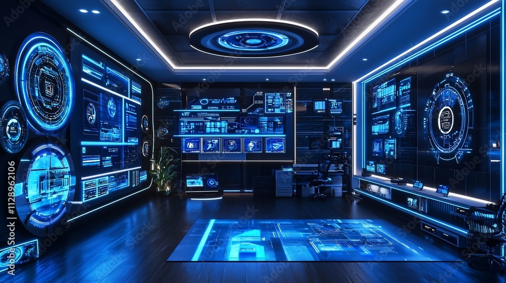 Poster futuristic control room with interactive displays and holographic interface.