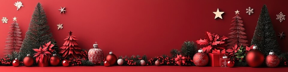 Christmas Decoration, Artificial Tree, Ornaments, Lights, Red Backdrop, Festive banner, Gifts, Garland, Interior Decorations