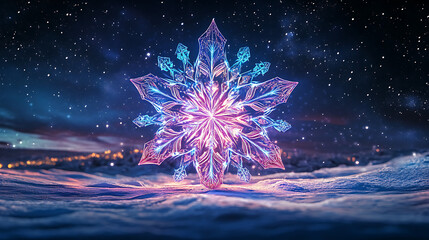 A futuristic snowflake design glowing with neon colors against a starry winter sky (2)