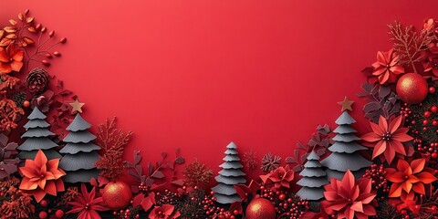 Christmas Wreath with Festive Decorations, Red Background for Holiday Greeting Cards and Advertisements