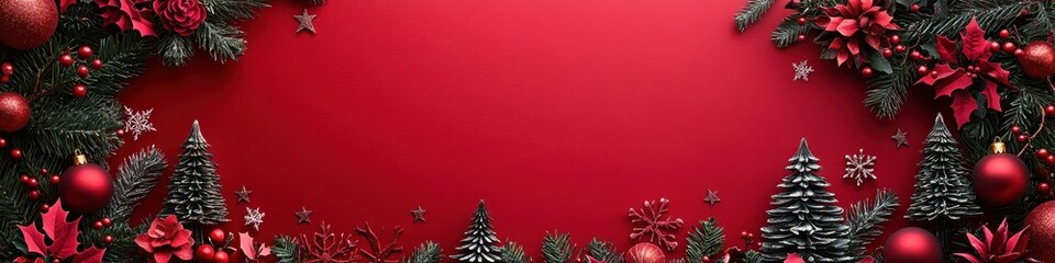 Festive Holiday banner, Red Background with Glittering Green Garland, Soft-Focus Style