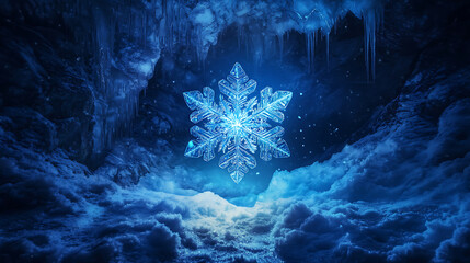 Obraz premium A magical snowflake floating in the center of a frozen cave, glowing softly in the darkness (1)