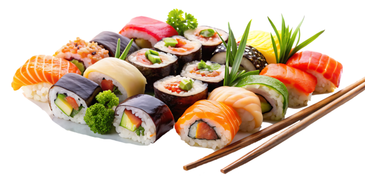 Assorted Fresh Sushi Selection Held with Chopsticks, Isolated on white Background.AI GENERATED