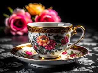 Fototapeta premium Elegant Floral Coffee Cup Design Celebrating International Coffee Day in a Sophisticated Black and White Style with Tilt-Shift Photography Technique for Unique Visual Appeal