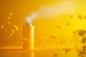 Bright yellow spray bottle releasing air in a vibrant setting. Generative AI