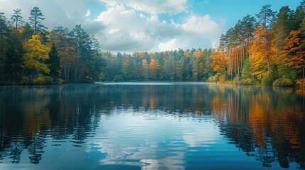 Fototapeta premium Serene autumnal lake scene with colorful trees reflected in the calm water.