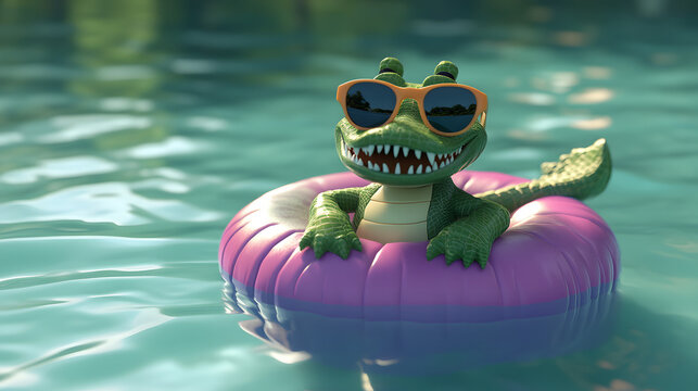 A silly 3D cartoon crocodile wearing sunglasses and floating on a pool inflatable.