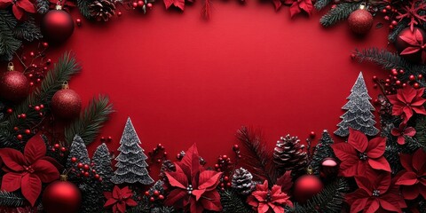 Christmas Symmetry, Vibrant Decorations on Red Background for Holiday Greeting Cards or Social Media Posts