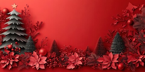 Christmas 3D Rendering, Decorative Trees with Ornaments and Stars, Balanced Composition, Ribbon Banner with Holiday Decorations, Symmetrical Design Elements