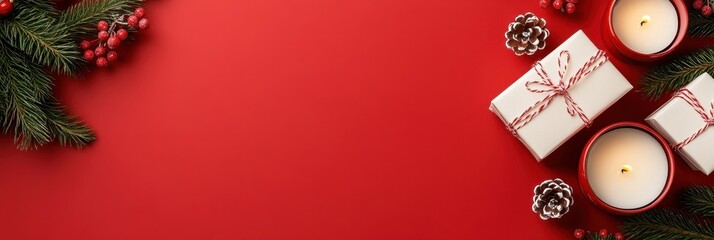 Christmas Celebration, Red Backdrop with Ornaments and Candles, Gift-Giving banner in Living Room