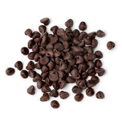 Heap of dark brown chocolate chips close up isolated on white background