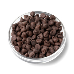Glass bowl with dark brown chocolate chips close up isolated on white background