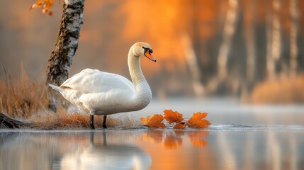 Elegant Swan by Calm Water with Fall Foliage and Soft Morning Light Reflection