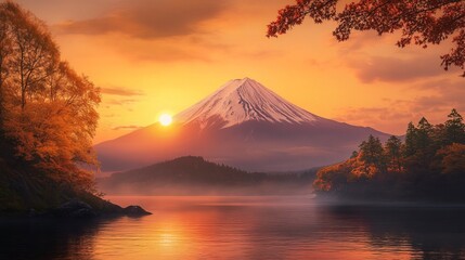 Fototapeta premium Mount Fuji at sunset, with warm orange hues blending into a darkening sky, creating a tranquil and detailed atmosphere. 