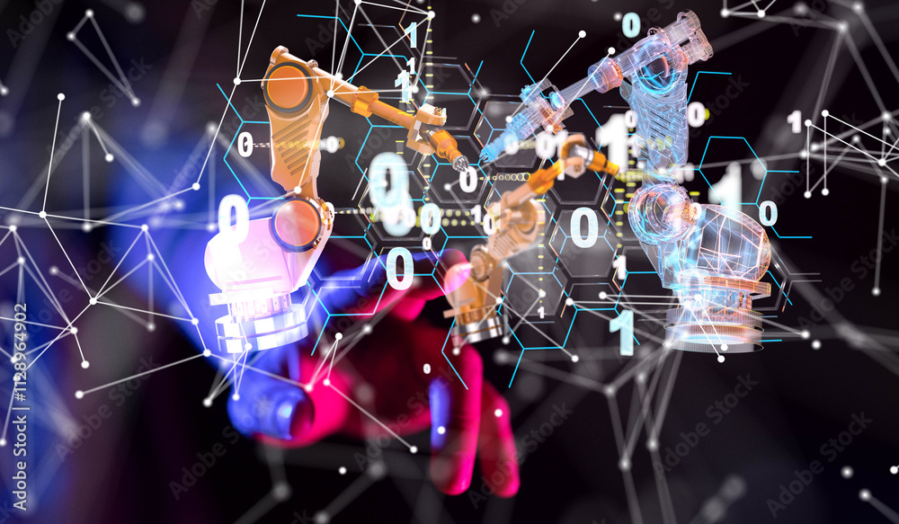 Poster Neural network 3D illustration. Big data and cybersecurity