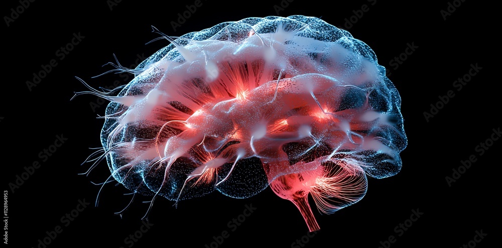 Poster a digital illustration of a brain with glowing neural connections.