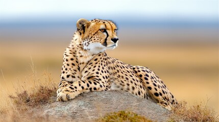 Naklejka premium Majestic Cheetah Sitting on a Rock in Serene Landscape Under Clear Blue Sky