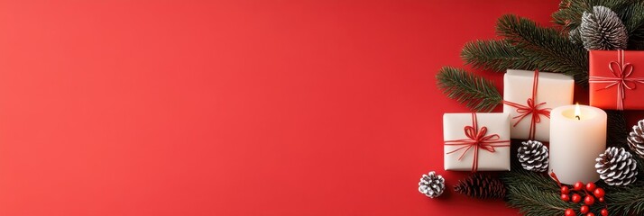 Christmas Tree banner with Lit Candles and Festive Decorations on Red Background for Greeting Cards or Promotional Material