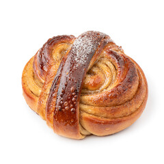 Single homemade fresh baked swedish cardamom bun isolated on white background close up