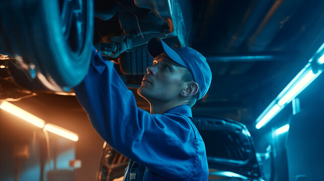 Car mechanic worker wearing a blue uniform and a cap, standing under the car in a modern garage room, and repairing or fixing automobile vehicle parts - Powered by Adobe