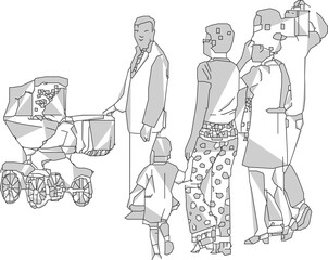 Vector sketch illustration, silhouette design, image of a small family walking down the street.eps