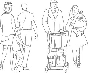 Vector sketch illustration, silhouette design, image of a small family walking down the street.eps