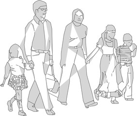 Vector sketch illustration, silhouette design, image of a small family walking down the street.eps