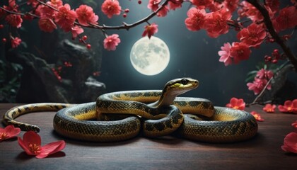 Modern Snake Art and Lunar Blossoms for Chinese New Year 2025 Design Concepts.