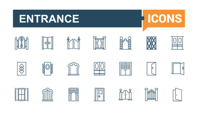 Entrance And Exit icon pack. Containing entry, enter, isolated, open, ui, approach, go and more. Perfect for logos and infographics. Editable stroke.