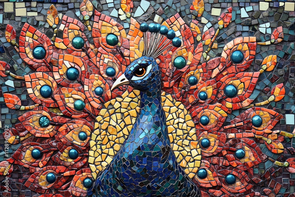 Poster A vibrant mosaic of a peacock surrounded by colorful patterns and designs.