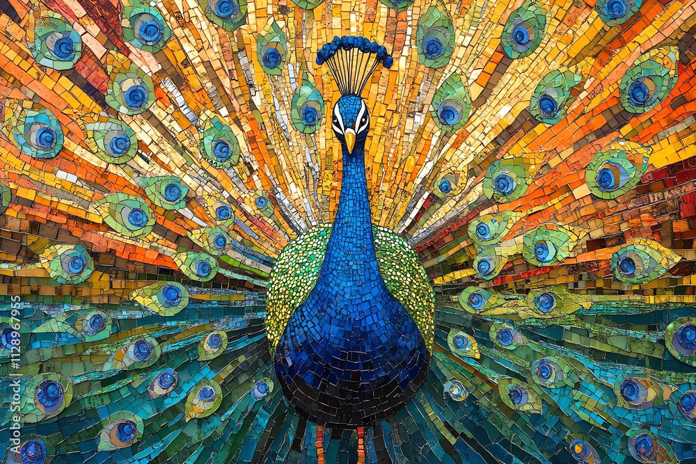 Poster a vibrant mosaic of a peacock with colorful feathers radiating outward.