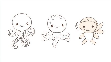 Fototapeta premium Crafting basic, cute sea creature sketches for children's coloring books.