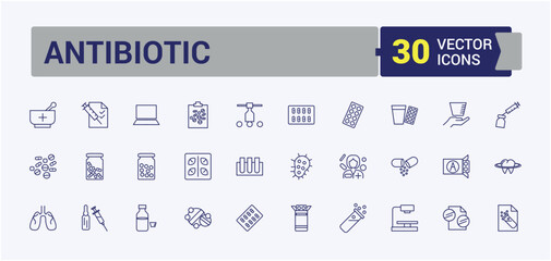 Antibiotic line icon collections. Includes thin line health, drug, toxic, formula, emergency, pills, medicine, antibiotic. Editable vector icon and illustration.