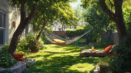 A peaceful backyard scene with a hammock hanging between two trees, and a person lounging with a refreshing drink on a sunny day