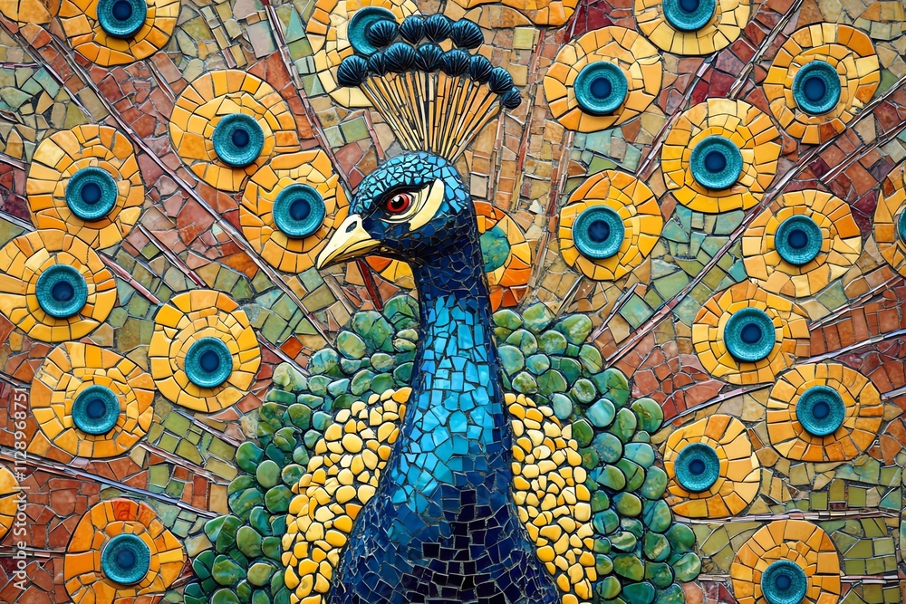 Poster A vibrant mosaic of a peacock with colorful feathers and intricate patterns.