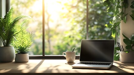 A cozy home office nook where someone is working on a laptop with a hot cup of coffee and a scenic window view for a productive yet relaxing staycation day