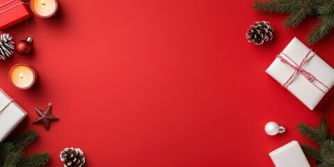 Christmas Gift Table, Vibrant Red Background, Wrapped Presents, Glossy Surface, Pine Wreath, Candles, Christmas Trees Silhouette, Festive Setting, Soft Lighting, Clean and Bright Style