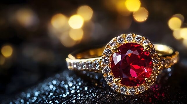 A sophisticated ruby and gold cocktail ring displayed under boutique lighting.