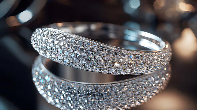 A sparkling diamond-encrusted cuff bracelet set against a mirrored surface.
