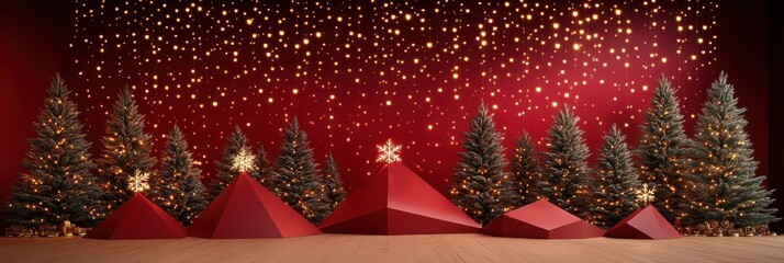 Christmas Tree banner with Twinkling Lights, Red Backdrop, and Aerial Perspective for Holiday Marketing
