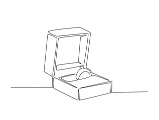 Continuous one line drawing of engagement or wedding ring in the gift box. Editable line vector.